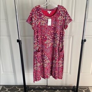 J. Jill Red Flower Print Dress, Short Sleeve Crew Neck Midi